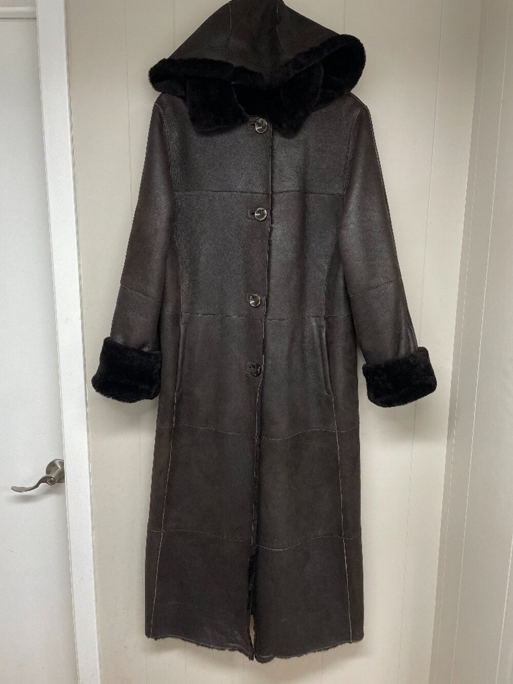 Robrik Italy Made Brown Genuine Shearling Sheepskin Hooded Long Coat Women's L